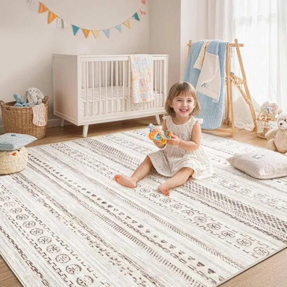New 5x7 Washable Boho Area Rug – Neutral Farmhouse Style Living Room Rug